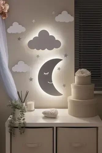 Children's Room Decorative Wooden Moon and Cloud Night Light LED Lighting Wall Decoration - 1