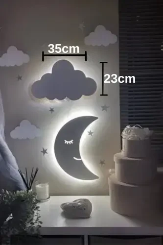 Children's Room Decorative Wooden Moon and Cloud Night Light LED Lighting Wall Decoration - 5