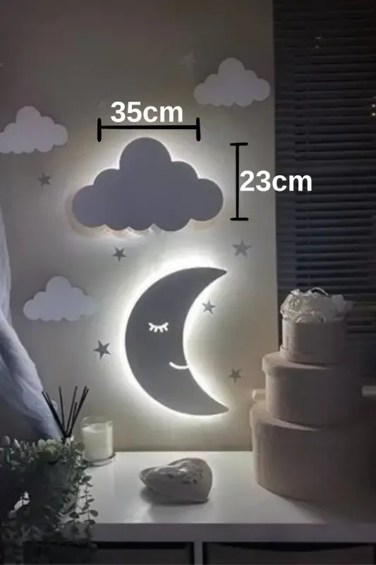 Children's Room Decorative Wooden Moon and Cloud Night Light LED Lighting Wall Decoration - 5