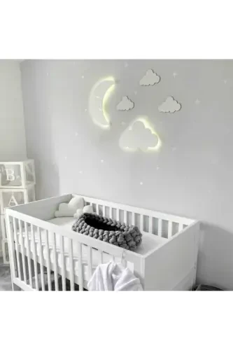 Children's Room Decorative Wooden Moon and Cloud Night Light LED Lighting Wall Decoration - 7