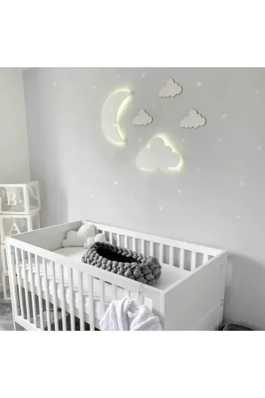 Children's Room Decorative Wooden Moon and Cloud Night Light LED Lighting Wall Decoration - 7