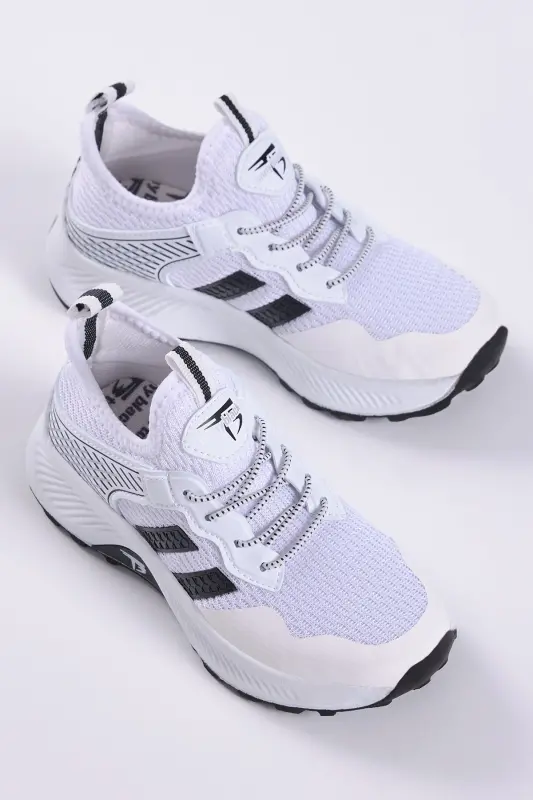 Children's Unisex White Black Relaxed Fit Breathable Fabric Lace-up Sneaker-White Black - 3