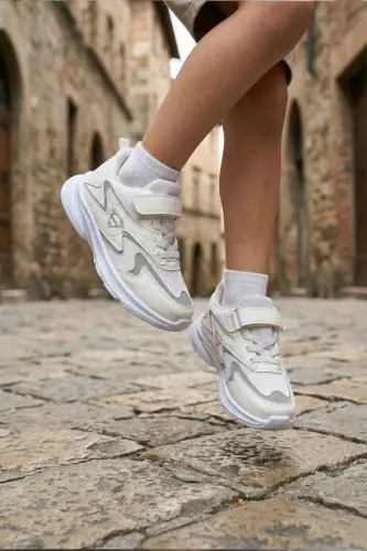 Children's White Laced Single Velcro Flexible Light Breathable Unisex Mesh Sneaker - White - BOUIS (1)