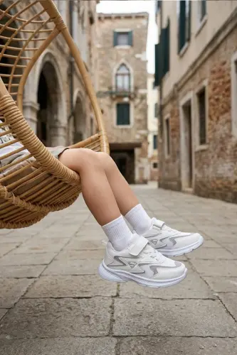 Children's White Laced Single Velcro Flexible Light Breathable Unisex Mesh Sneaker - White - 4