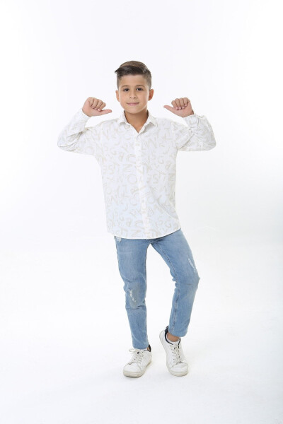 Children's White Waffle Fabric Beige Letter Patterned Shirt - 3