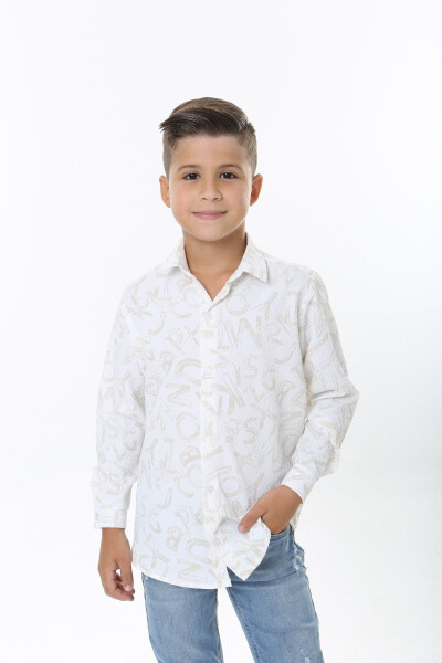 Children's White Waffle Fabric Beige Letter Patterned Shirt - 4