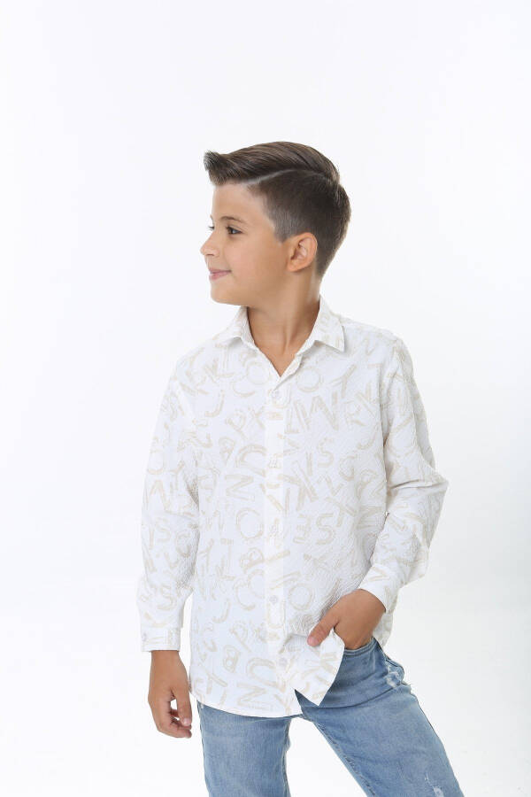 Children's White Waffle Fabric Beige Letter Patterned Shirt - 5