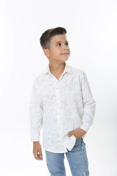 Children's White Waffle Fabric Beige Letter Patterned Shirt - Modazone
