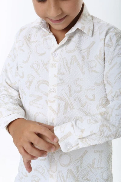 Children's White Waffle Fabric Beige Letter Patterned Shirt - Modazone (1)