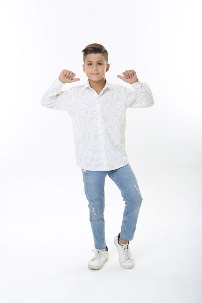 Children's White Waffle Fabric Beige Letter Patterned Shirt - 3