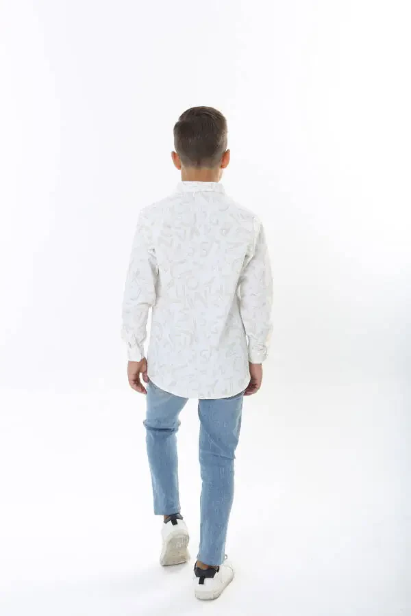 Children's White Waffle Fabric Beige Letter Patterned Shirt - 6