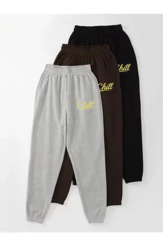 Chill 3-lü Jogger Sport shim - Qora kulrang va jigarrang naqshli rezina oyoqli baland belli yozgi - Qora - 1