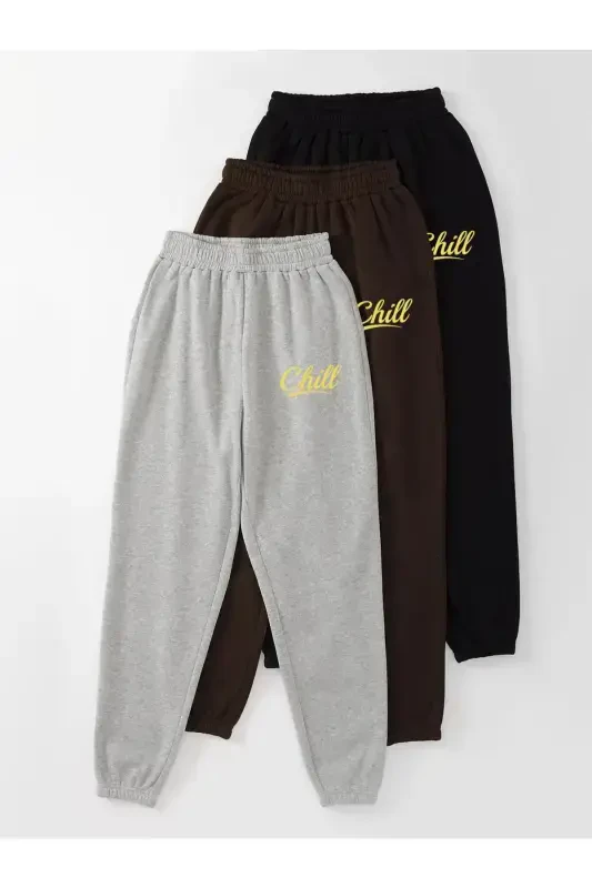 Chill 3-piece Jogger Sweatpants - Black Gray And Brown Printed Elastic Hem High Waist Summer-Black - 1