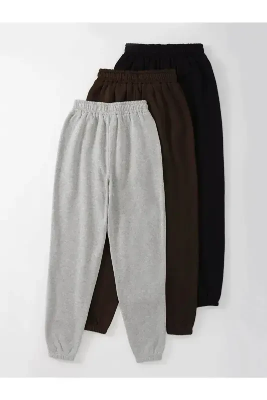Chill 3-piece Jogger Sweatpants - Black Gray And Brown Printed Elastic Hem High Waist Summer-Black - 2