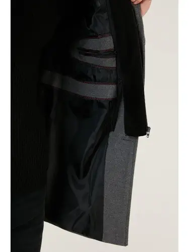 Chiqariladigan kapushonli, to'qimali, slim fit qashmir palto 5841013-Kulrang - 6