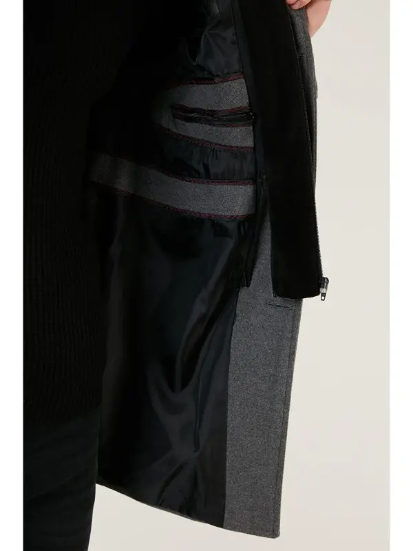 Chiqariladigan kapushonli, to'qimali, slim fit qashmir palto 5841013-Kulrang - 6