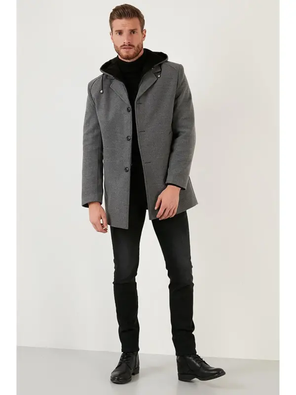 Chiqariladigan kapushonli, to'qimali, slim fit qashmir palto 5841013-Kulrang - 1
