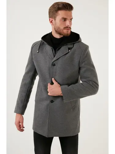 Chiqariladigan kapushonli, to'qimali, slim fit qashmir palto 5841013-Kulrang - 3
