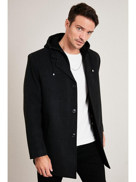 Chiqariladigan kapyushonli qirrali slim fit kaşmir palto - Kulrang - 1