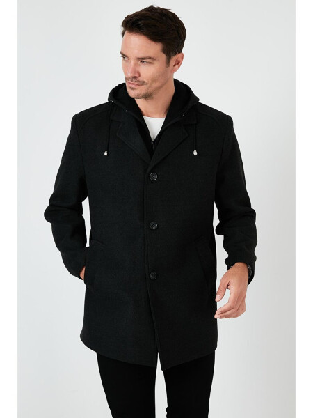 Chiqariladigan kapyushonli qirrali slim fit kaşmir palto - Kulrang - 2