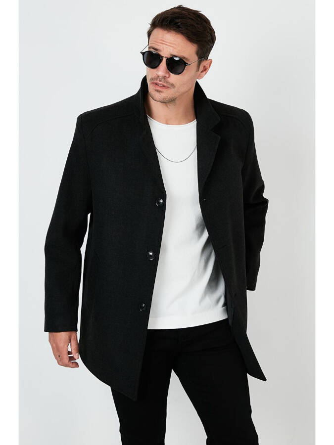 Chiqariladigan kapyushonli qirrali slim fit kaşmir palto - Kulrang - 3