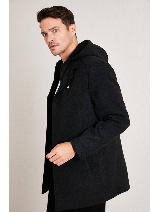 Chiqariladigan kapyushonli qirrali slim fit kaşmir palto - Kulrang - 4