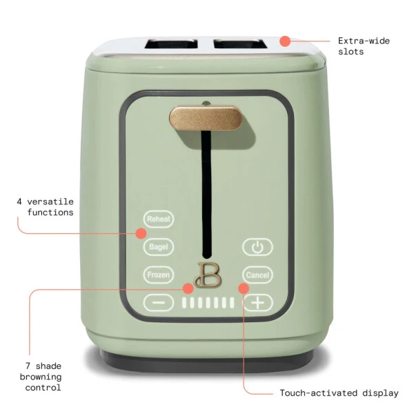 Beautiful 2 Slice Toaster with Touch-Activated Display, Sage Green by Drew Barrymore - 4