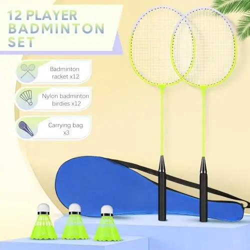 Chitidr 12 Pack Badminton Rackets Set Including Badminton Racquets, Nylon Shuttlecocks and Carry Bag for Outdoor Backyard Games Beginners - CHITIDR (1)