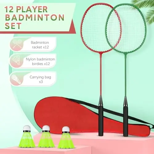 Chitidr 12 Pack Badminton Rackets Set Including Badminton Racquets, Nylon Shuttlecocks and Carry Bag for Outdoor Backyard Games Beginners - CHITIDR (1)