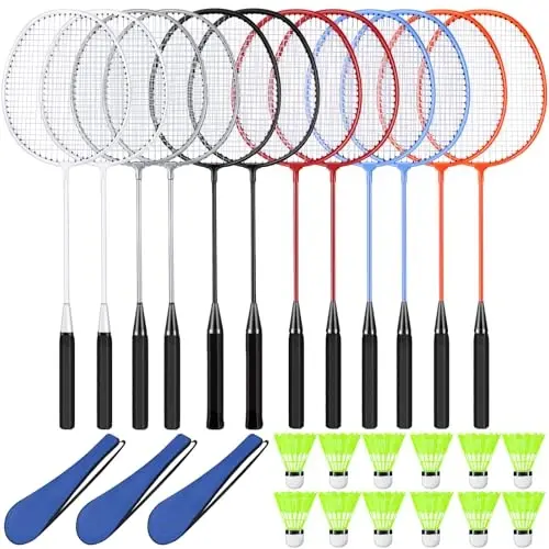 Chitidr 12 Pack Badminton Raketlari To'plami Badminton Raketkalari, Neylon Volanlari va Ochiq Havoda Hiyobon O'yinlari Boshlovchilari uchun Sumka bilan - CHITIDR