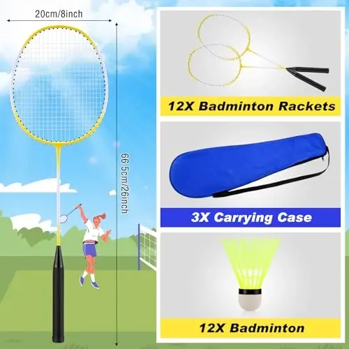 Chitidr 12 Pack Badminton Raketlari To'plami, Badminton Raketlari, Neylon Volanlari va Ochiq Havodagi Hovli O'yinlari Boshlovchilari uchun Sumka bilan. - CHITIDR (1)