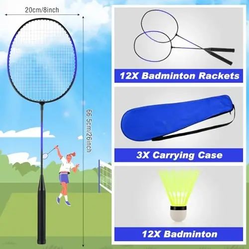 Chitidr 12 Pack Badminton Rackets Set Including Badminton Racquets, Nylon Shuttlecocks and Carry Bag for Outdoor Backyard Games Beginners - CHITIDR (1)