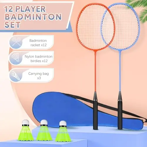 Chitidr 12 Pack Badminton Rackets Set Including Badminton Racquets, Nylon Shuttlecocks and Carry Bag for Outdoor Backyard Games Beginners - 2