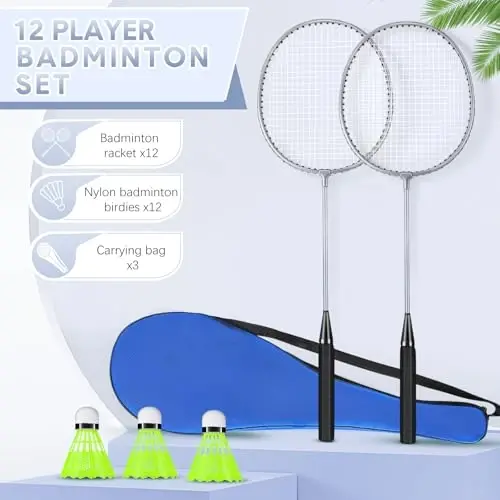Chitidr 12 Pack Badminton Rackets Set Including Badminton Racquets, Nylon Shuttlecocks and Carry Bag for Outdoor Backyard Games Beginners - CHITIDR (1)