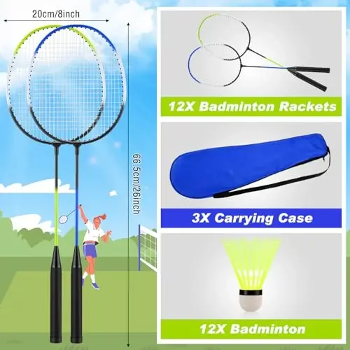Chitidr 12 Pack Badminton Rackets Set Including Badminton Racquets, Nylon Shuttlecocks and Carry Bag for Outdoor Backyard Games Beginners - CHITIDR (1)