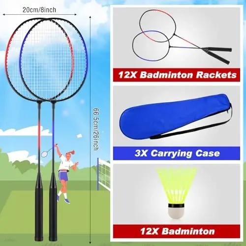 Chitidr 12 Pack Badminton Rackets Set Including Badminton Racquets, Nylon Shuttlecocks and Carry Bag for Outdoor Backyard Games Beginners - CHITIDR (1)