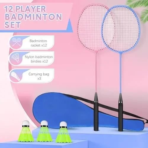 Chitidr 12 Pack Badminton Rackets Set Including Badminton Racquets, Nylon Shuttlecocks and Carry Bag for Outdoor Backyard Games Beginners - CHITIDR (1)