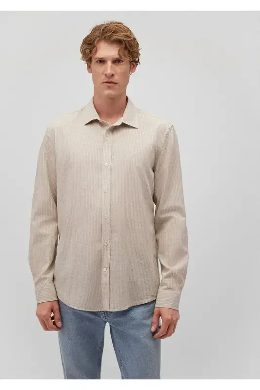 Chiziqli bej tencel Tm Lyocell ko'ylak Slim Fit / Da - 3