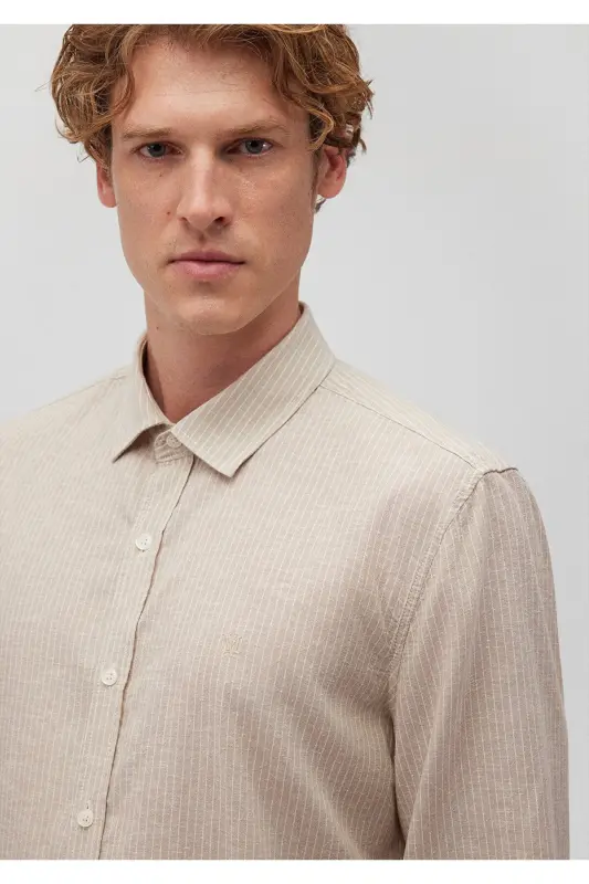 Chiziqli bej tencel Tm Lyocell ko'ylak Slim Fit / Da - 5