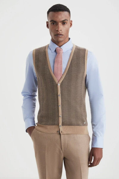 Chiziqli Camel Merino junidan to'qilgan jilet - HEMINGTON