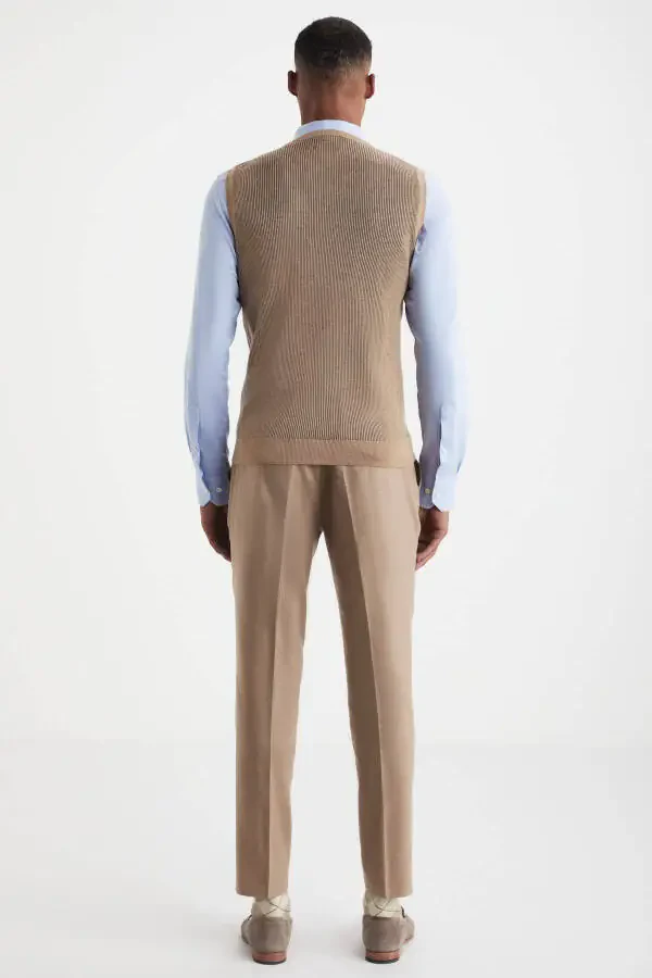 Chiziqli Camel Merino junidan to'qilgan jilet - 6