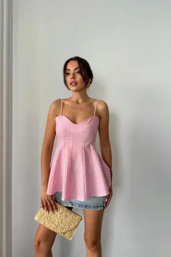 Chiziqli gofre osma detalli bluz - Pushti - 3