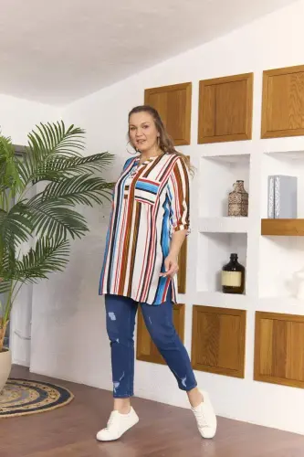 Chiziqli katta o'lchamdagi uzun ko'k tunika - 5