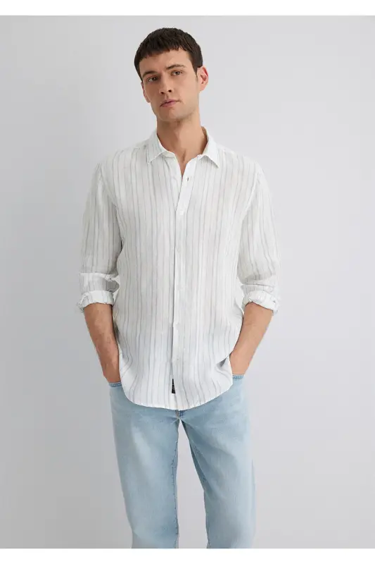 Chiziqli ko'k ko'ylak Regular Fit / Oddiy bichim 021 - MAVI