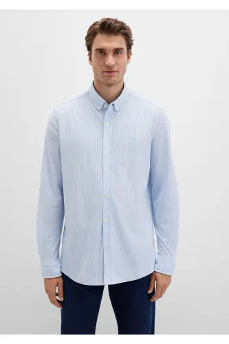 Chiziqli Moviy Ko'ylak Slim Fit / Tor Kesim 0211402-8 - 4