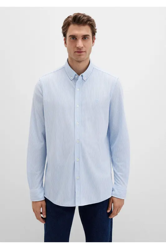 Chiziqli Moviy Ko'ylak Slim Fit / Tor Kesim 0211402-8 - 4