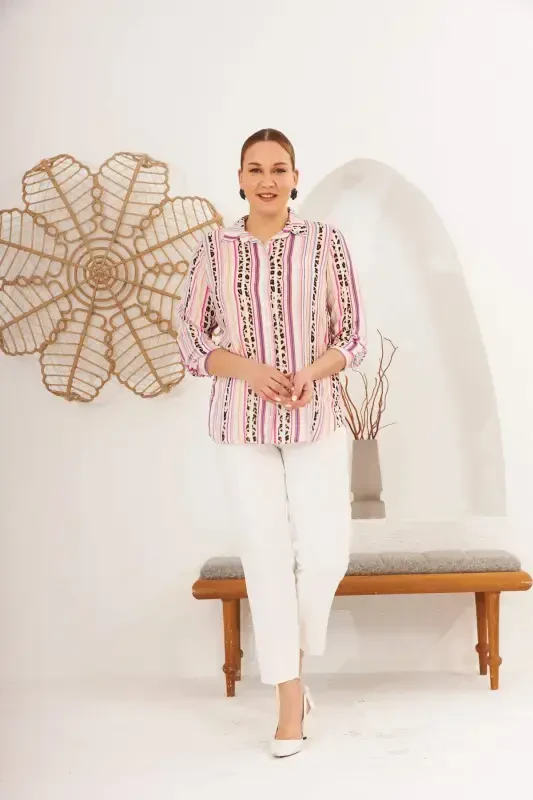 Chiziqli naqshli vual viskon katta o'lchamli fuchsia ko'ylak - 4