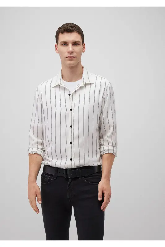 Chiziqli Oq Tencel Tm Lyocell Ko'ylak Slim Fit / - 2