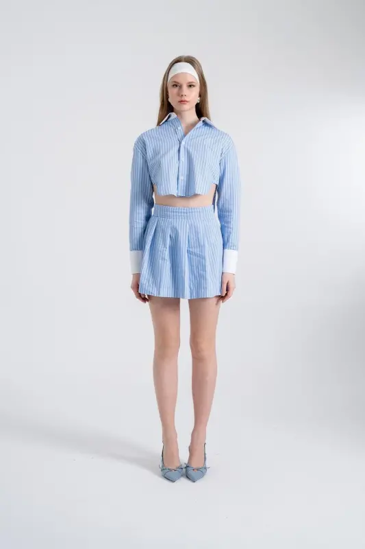 Chiziqli plili mini Harmony poplin yubka Moviy - HOLLY LOLLY