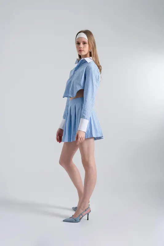 Chiziqli plili mini Harmony poplin yubka Moviy - 2